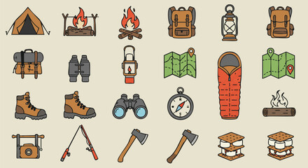 Illustrated camping icons depict outdoor adventure elements like tents, campfires, backpacks, lanterns, maps, boots, binoculars, and compasses.