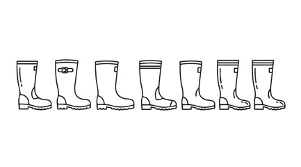 Collection of seven different styles of tall rubber rain boots lined up side by side vector