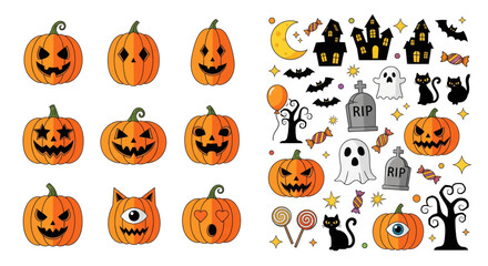 Collection of spooky halloween pumpkins jack-o'-lanterns and thematic elements for festive decorations and seasonal designs vector