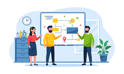 Obraz premium Team collaborating on a project roadmap, strategizing business solutions in a modern office, professional collaboration, dynamic teamwork, solution oriented