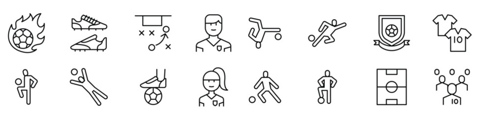 Soccer training, football club icon set in thin line style