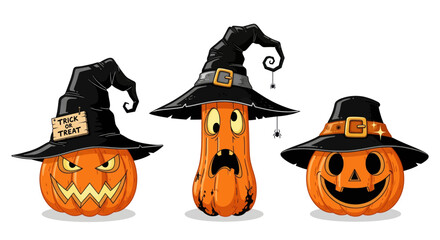 Three spooky jack-o-lanterns with witch hats expressing halloween fun and festive decorations for autumn celebrations vector