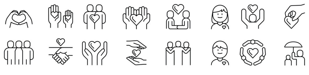 Charity, Kindness, Friendship, care icon set in thin line style