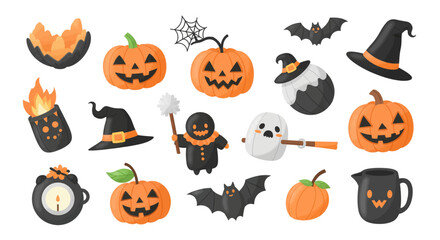 Fototapeta premium Whimsical halloween assortment festive characters objects decorations spooky fun celebration treats and symbols for holiday joyful events vector
