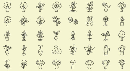 A collection of illustrated plant icons, featuring trees, flowers, sprouts, seeds, and mushrooms, perfect for nature and botanical design.