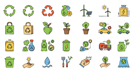 Collection of colorful eco-friendly icons, depicting recycling, renewable energy, and environmental sustainability concepts for design.