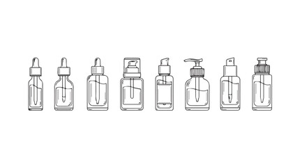 Assortment of sketchy skincare dropper and pump bottles for beauty product concepts vector