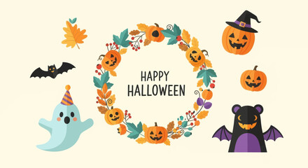 Fototapeta premium Whimsical halloween celebration with cute ghost pumpkin bat characters and festive wreath on creamy background vector