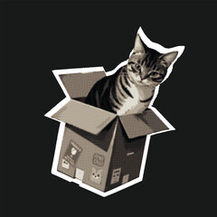 Curious Tabby Cat in Cardboard Box - Retro Halftone Style