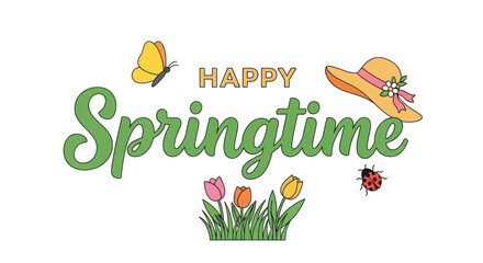 Delightful happy springtime text with butterflies flowers and a stylish hat evokes joyful season of renewal and bloom vector