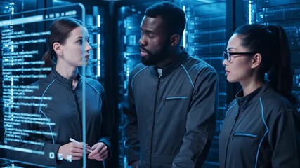 Diverse Team of Engineers Working on Advanced Data Analysis in a High-Tech Server Room. - Powered by Adobe