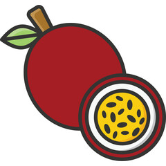 Red Passion Fruit Whole and Halved with Yellow Pulp and Seeds on Transparent Background Healthy Tropical Fruit