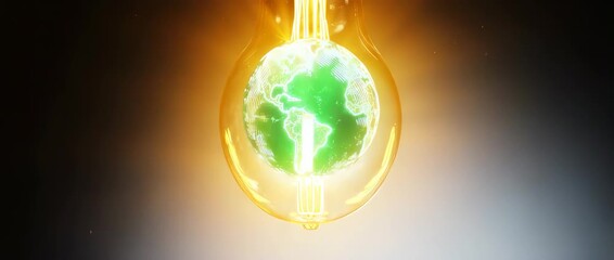 A conceptual animation of a tiny Earth glowing as the filament of a lightbulb. Symbolizes green ideas, energy conservation, and environmental innovation.