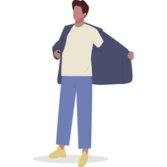 Man Wearing A Blue Jacket Over A Cream T Shirt And Blue Pants Standing On A White Background