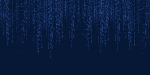 Binary code background with falling digital numbers in blue matrix style.