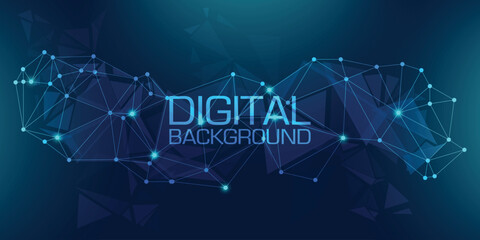 Digital background with glowing connected dots and polygon network on dark blue.