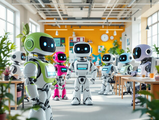 A team of diverse, colorful robots working and interacting in a bright, contemporary office space.