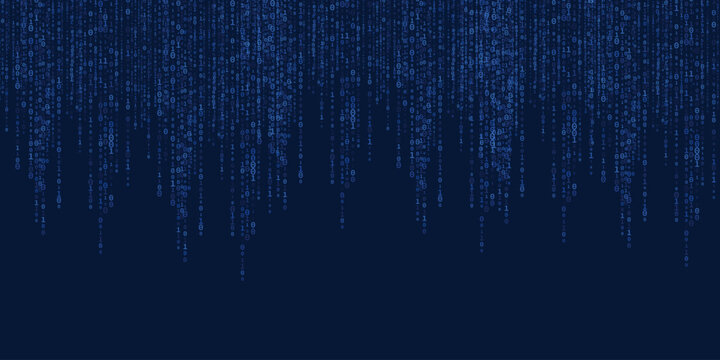 Binary code background with falling digital numbers in blue matrix style.