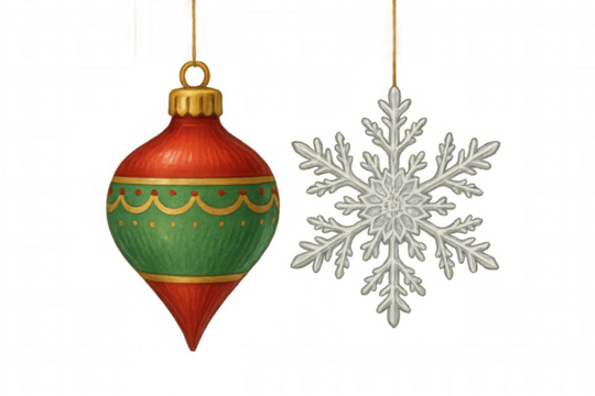 Christmas ornament and snowflake hanging, festive holiday season decoration, vintage style design with transparent background