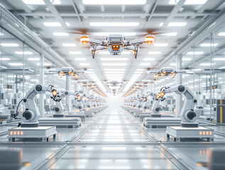 A modern, automated factory with robotic arms on assembly lines and surveillance drones flying above.