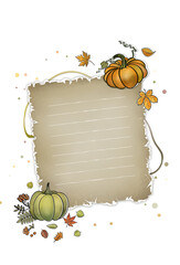 Craft color torn edges empty note paper with punpkins and  fall autumn leaves decoration against white background. 