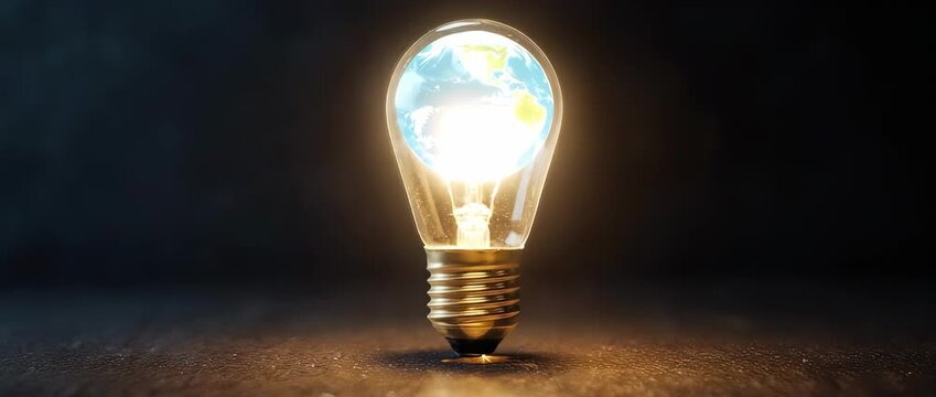 A conceptual animation of a tiny Earth glowing as the filament of a lightbulb. Symbolizes green ideas, energy conservation, and environmental innovation.