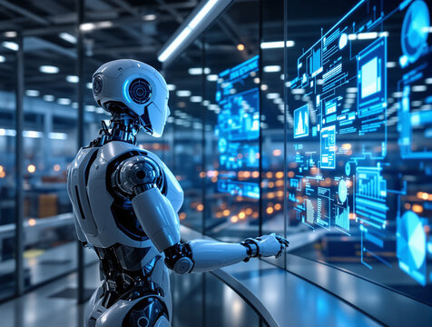 An advanced robot interacts with a holographic data interface displaying various charts and information in a futuristic smart factory setting.