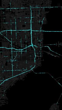 Urban Traffic Flow Map Simulation in Miami, Florida, GPS Smart city route Transportation Portrait