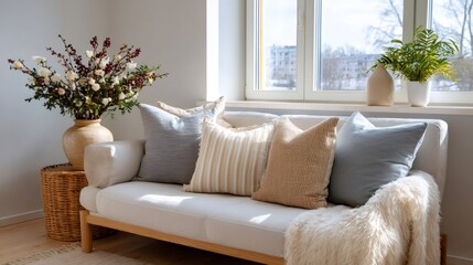 Japandi living room interior with cozy sofa and flowers