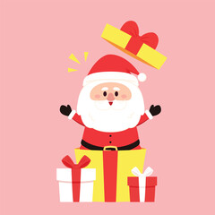 Funny happy Santa Claus character with gift. Cartoon Christmas illustrations. Waving and greeting. For Christmas cards, banners.