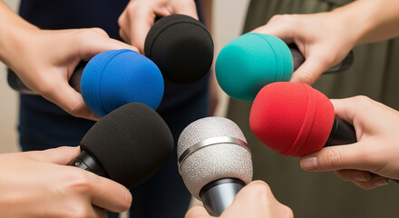 Dynamic group of reporters holding colorful microphones, ready for a vibrant press conference, perfect for journalism, media, or communication campaigns