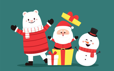 Funny happy Santa Claus, White bear and Snowman character with gift, Waving and greeting. Cartoon Christmas illustrations vector. For Christmas cards, banners.