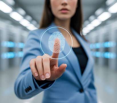 Woman touches glowing fingerprint scanner in futuristic server room scanning biometric
