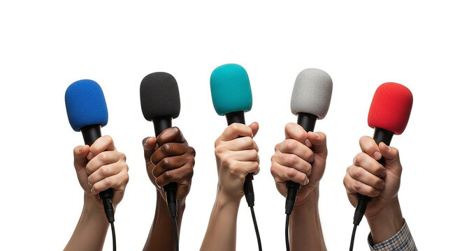 Diverse voices amplified with vibrant microphones held high, perfect for podcasting, media, and social commentary, capturing attention and driving engagement
