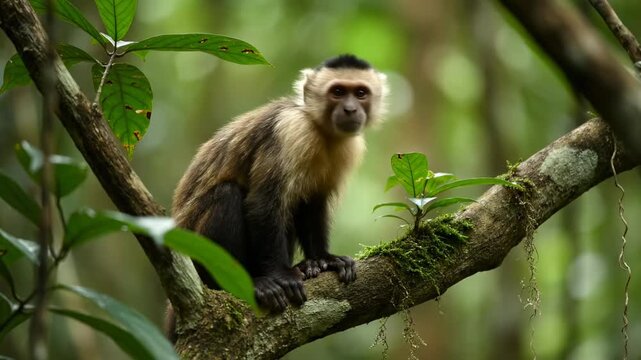 Capuchin monkeys interact and explore branches in vibrant tropical forest. Natural setting filled with green foliage and sunlight