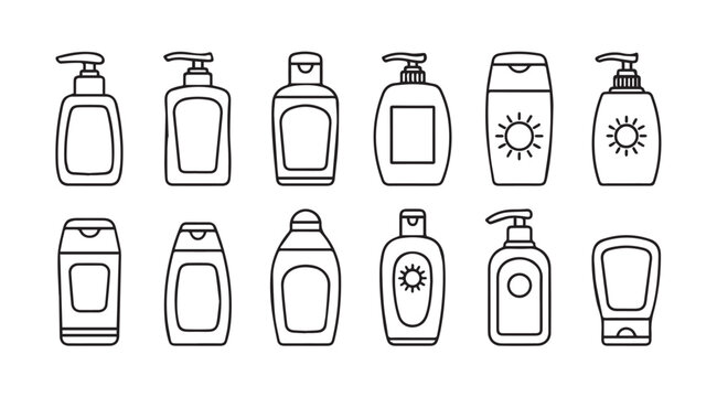 Set of hand drawn bottles for cosmetics toiletries and skincare products icons vector