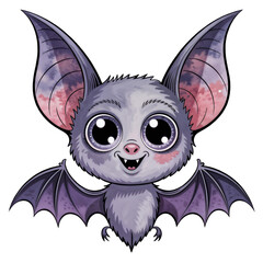 Cute cartoon bat with big eyes and colorful wings flying in a whimsical style