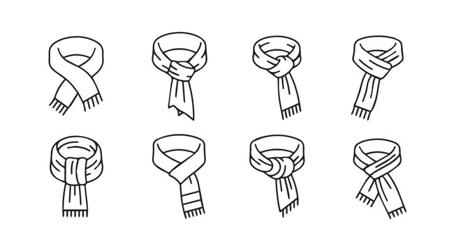 Collection of eight hand drawn scarf styles various knotting techniques fashion accessories collection vector
