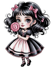 Cute girl wearing a black and pink dress holding a lollipop with curly hair and bows in a playful pose