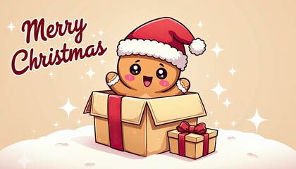 Cute gingerbread man character popping out of a gift box with a smaller gift box beside it, wishing merry christmas with festive sparkles and snow