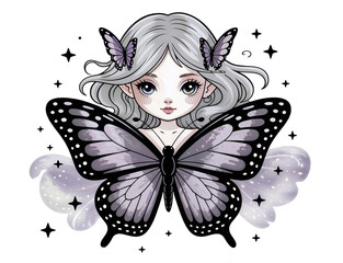 Magical girl with butterfly wings surrounded by butterflies and sparkles in a whimsical design
