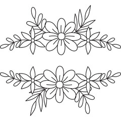 Decorative floral line art border design with daisy like flowers and leaves on transparent background simple and elegant outline illustration