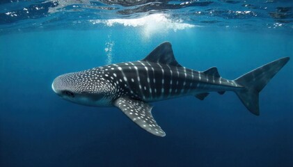 Fototapeta premium Gentle giant whale shark gracefully gliding horizontally through sunlit ocean waters, a peaceful underwater tableau. A majestic whale shark gracefully gliding horizontally through sunlit, clear blue