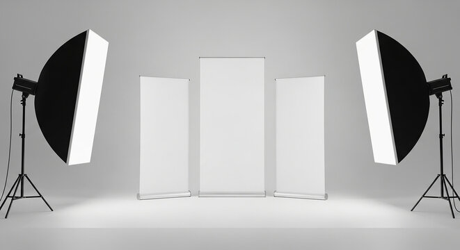 Professional studio setup for brand promotion featuring three blank roll-up banners ready for your modern marketing campaign in a bright, clean space