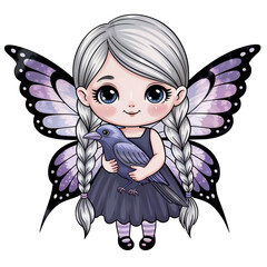 Young girl with butterfly wings holding a bird in a whimsical fantasy setting