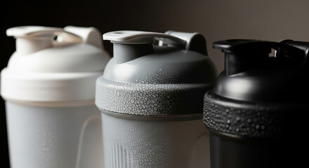 Three sleek, modern fitness shaker bottles with condensation, perfect for gym enthusiasts and health-conscious individuals seeking portable hydration solutions.