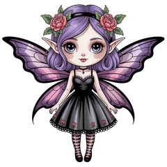 Whimsical fairy with purple hair and butterfly wings in a floral dress standing in a fantasy setting