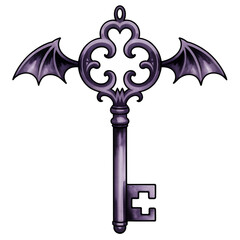 Decorative key with bat wings designed for fantasy or gothic themes, showcasing intricate details and a unique shape