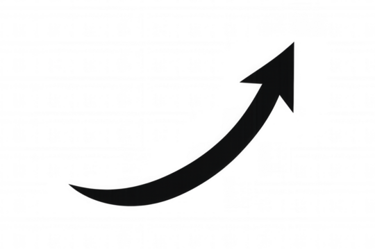 Black curved arrow rising, illustrating growth, upward direction, business improvement, and financial success