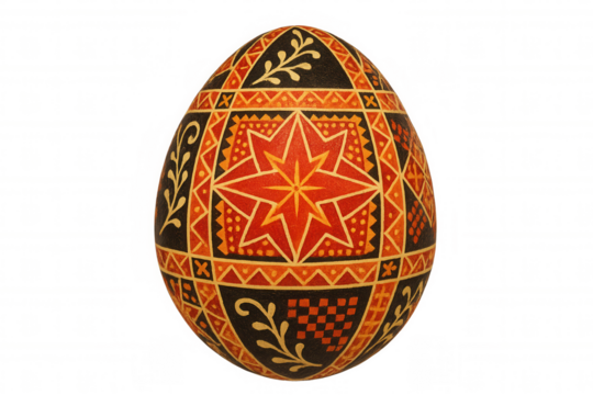 Ukrainian pysanka folk art decorating easter egg with traditional ethnic symbols and geometric patterns, transparent background